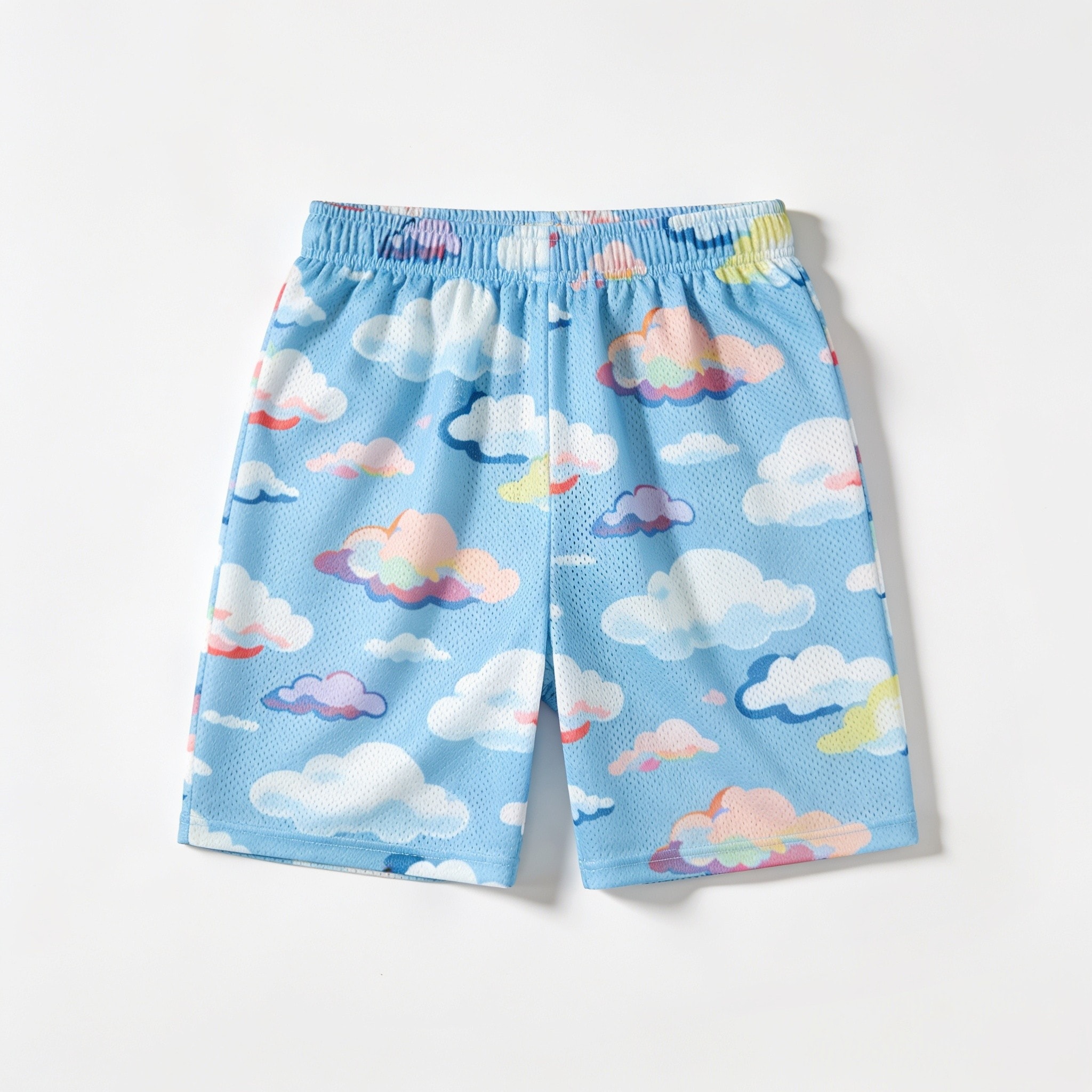 Backyard Dream Light Blue Mesh Shorts - Allover Cloud Print, 5" Inseam