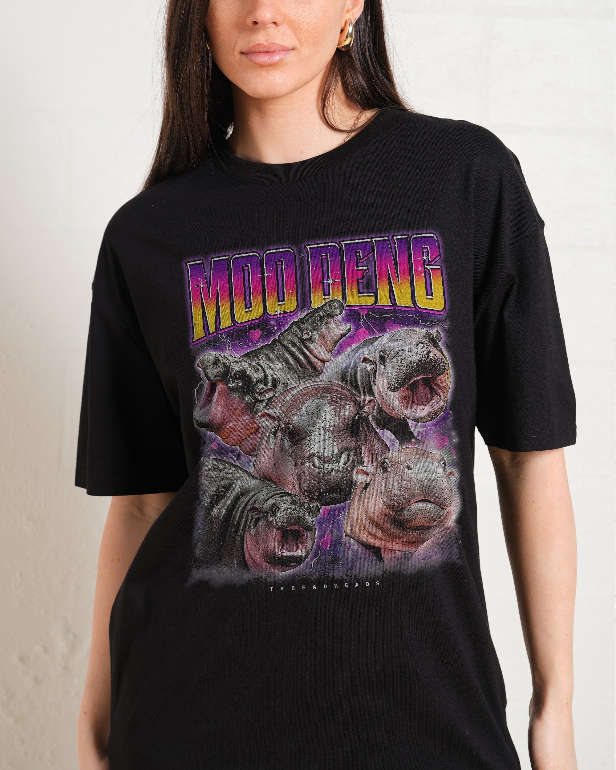 Moo Deng Oversized Graphic Tee - Unisex 90s Boxy Fit 100% Combed Cotton
