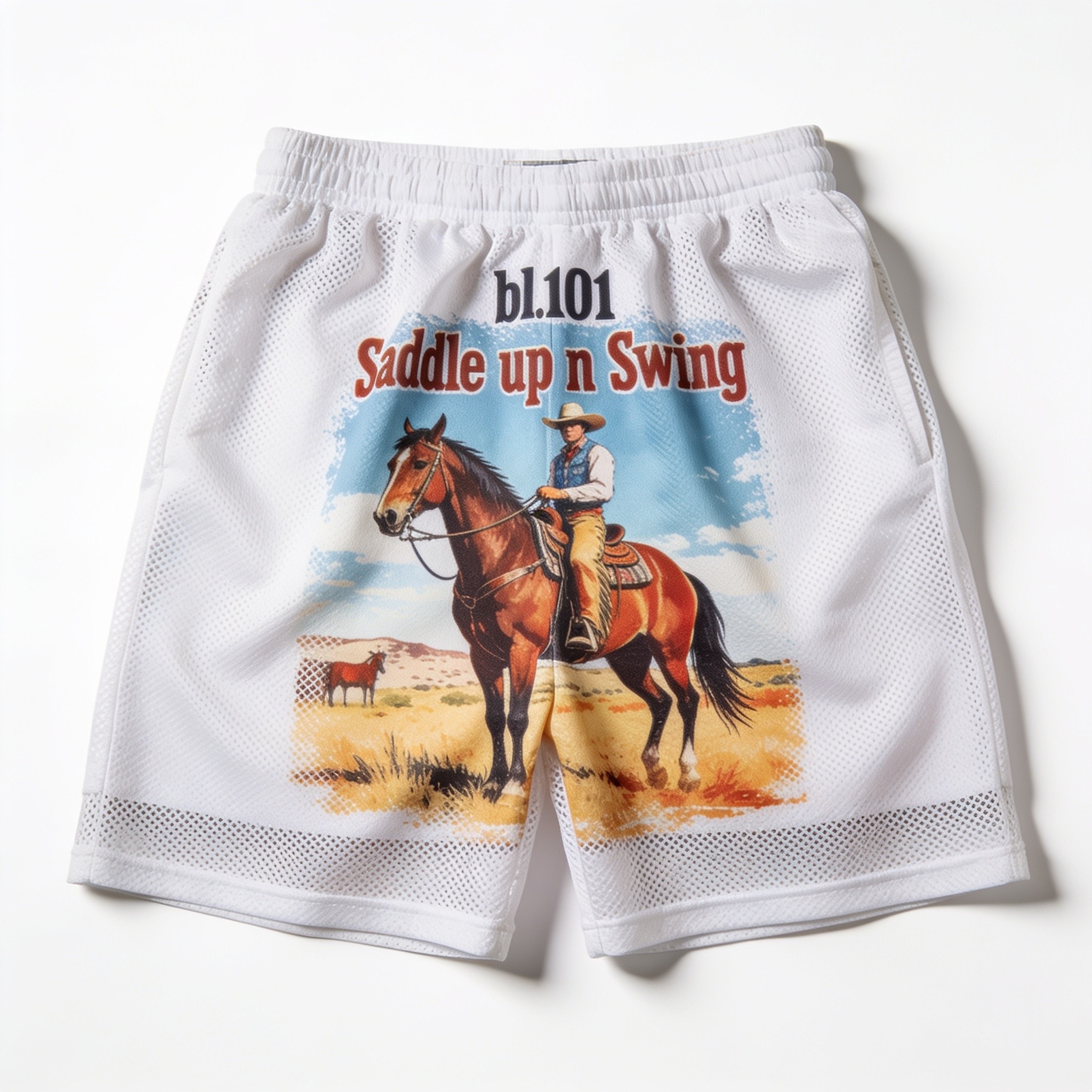BL101 Saddle Up N Swing Western Print Mesh Shorts - 100% Polyester, 5" Inseam