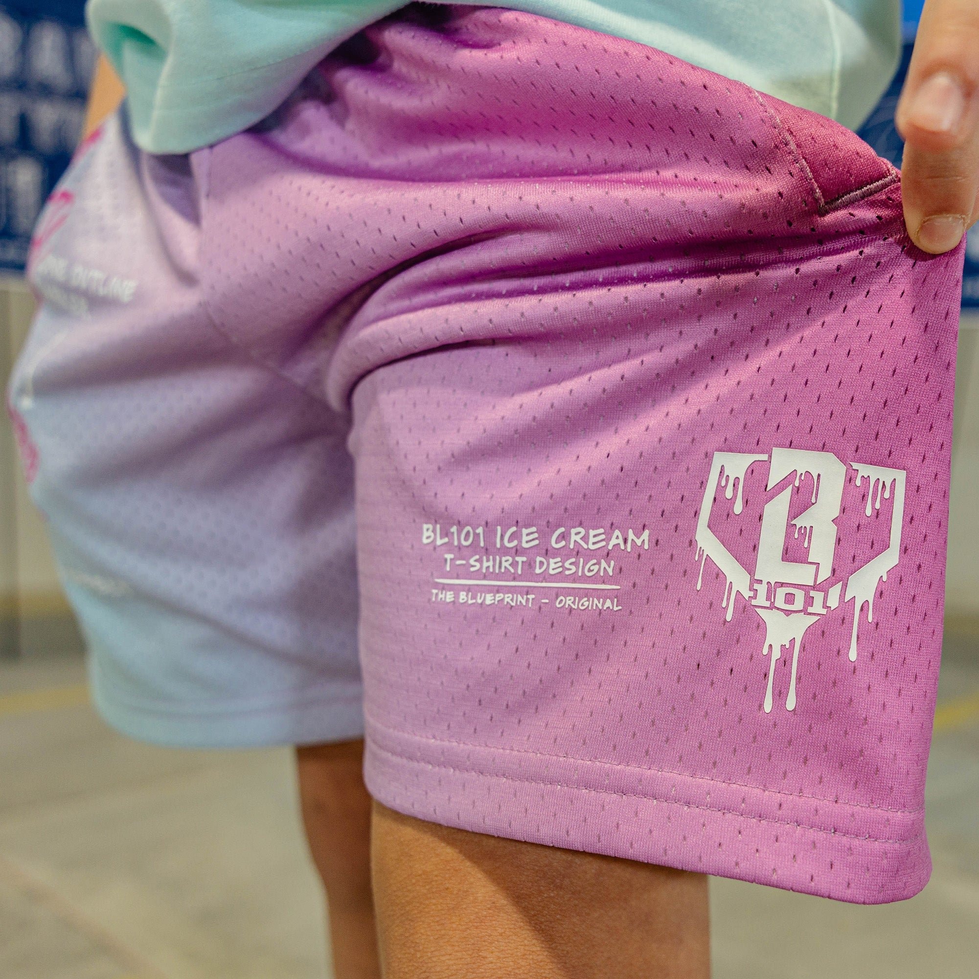 OG Ice Cream Design Shorts - Light Blue Mesh with Gradient Fade