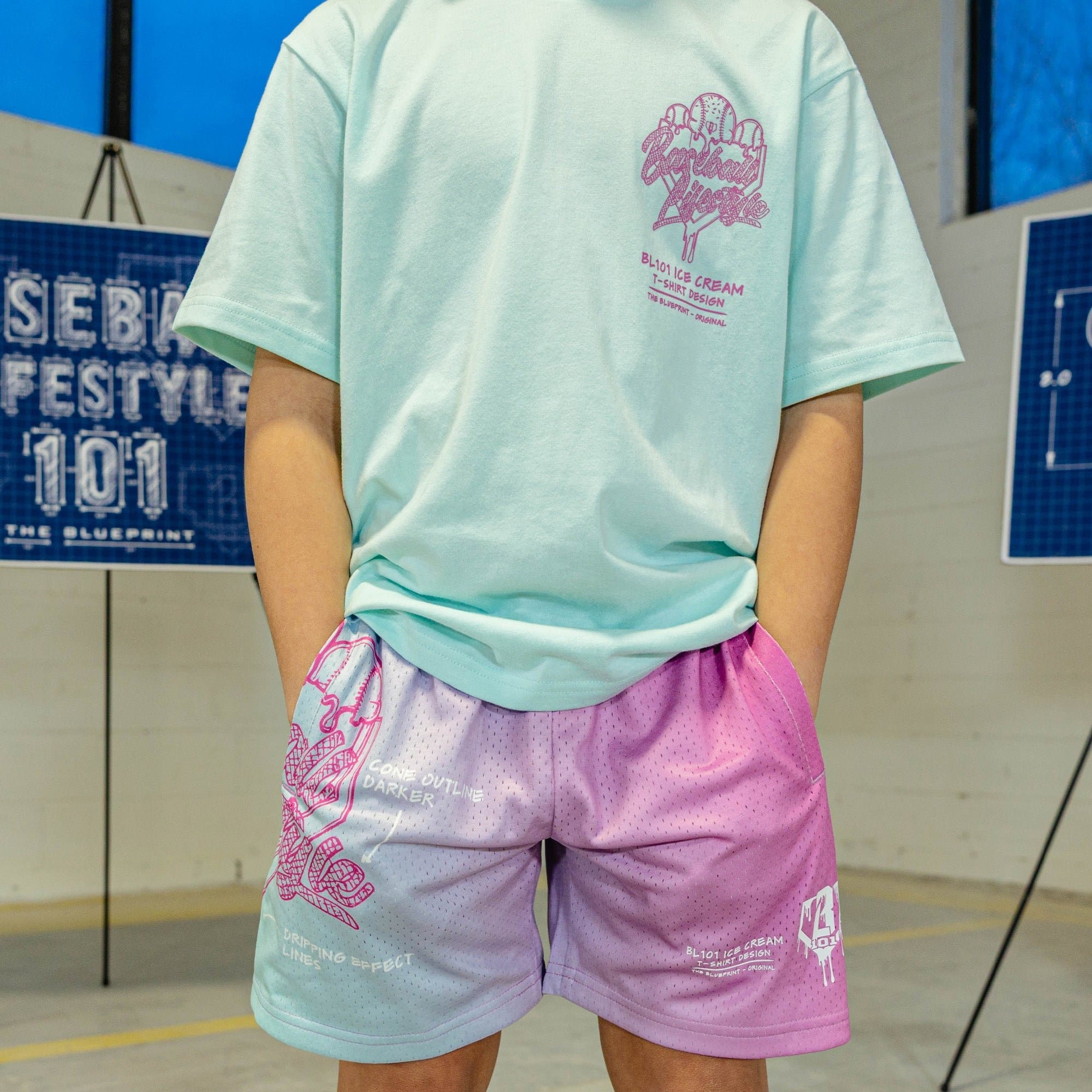 OG Ice Cream Design Shorts - Light Blue Mesh with Gradient Fade