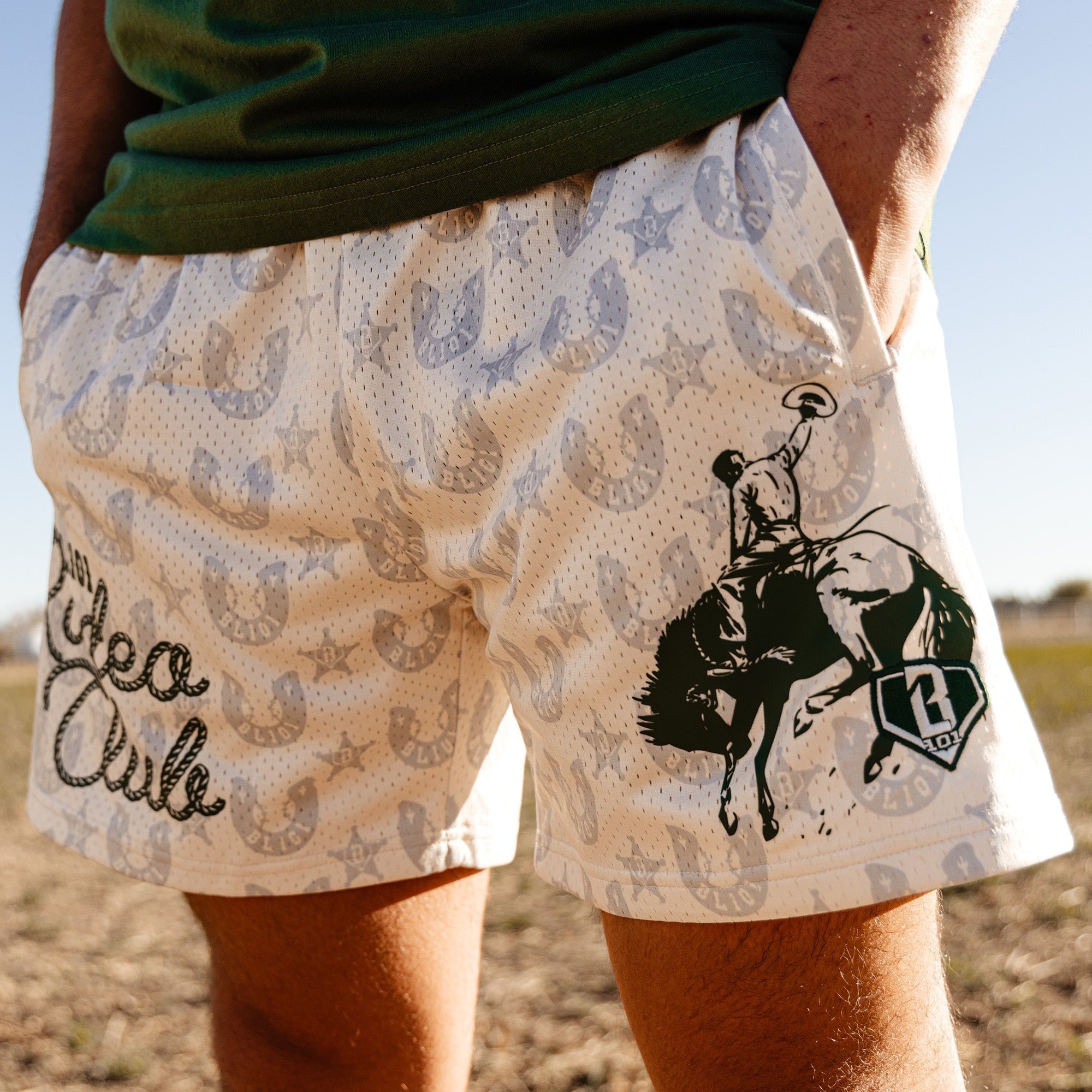 BL101 Rodeo Club Shorts - Western Horseshoe Star Mesh Athletic Shorts 5" Inseam