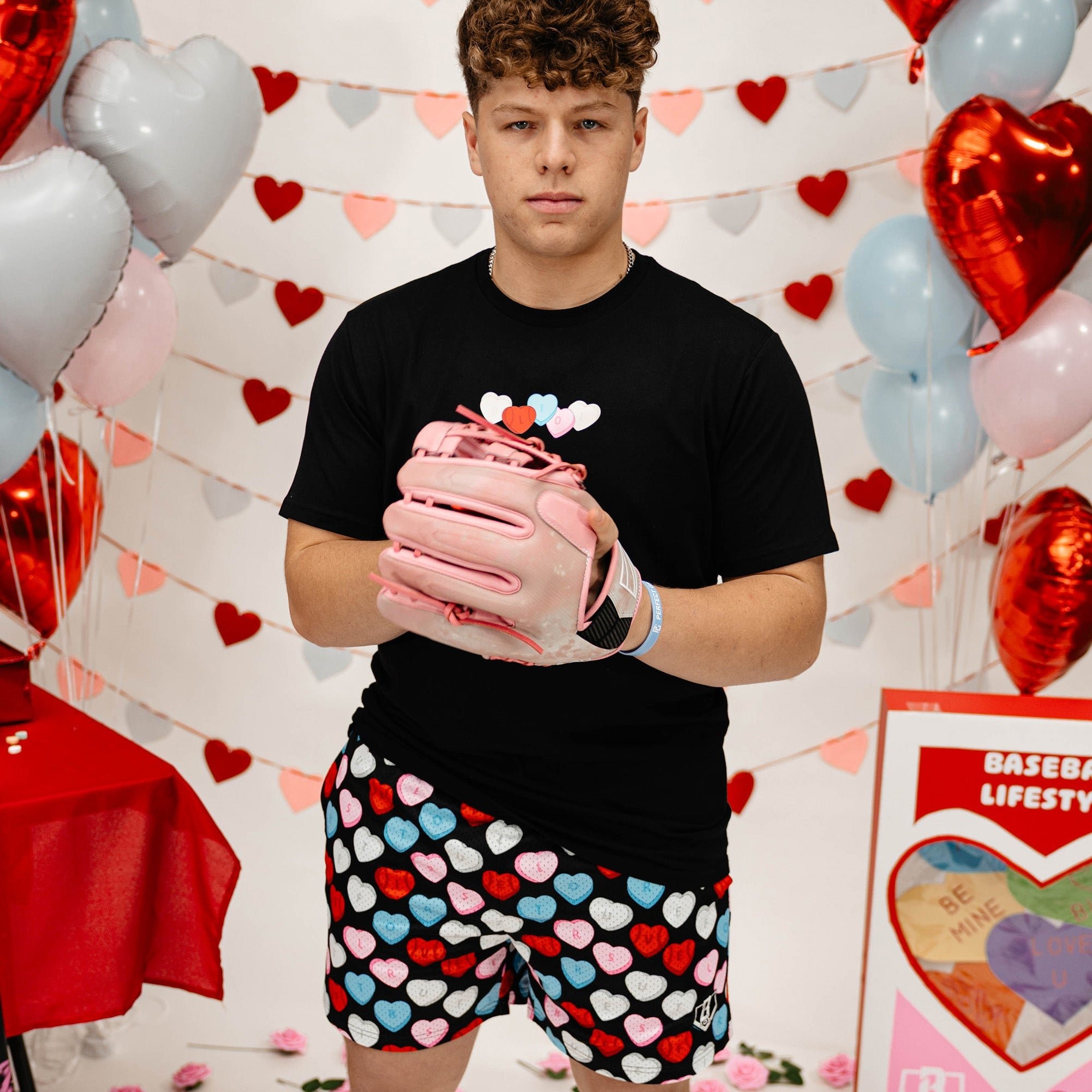 First True Love Baseball Mesh Shorts - Hearts Pattern, 5" Inseam, Polyester