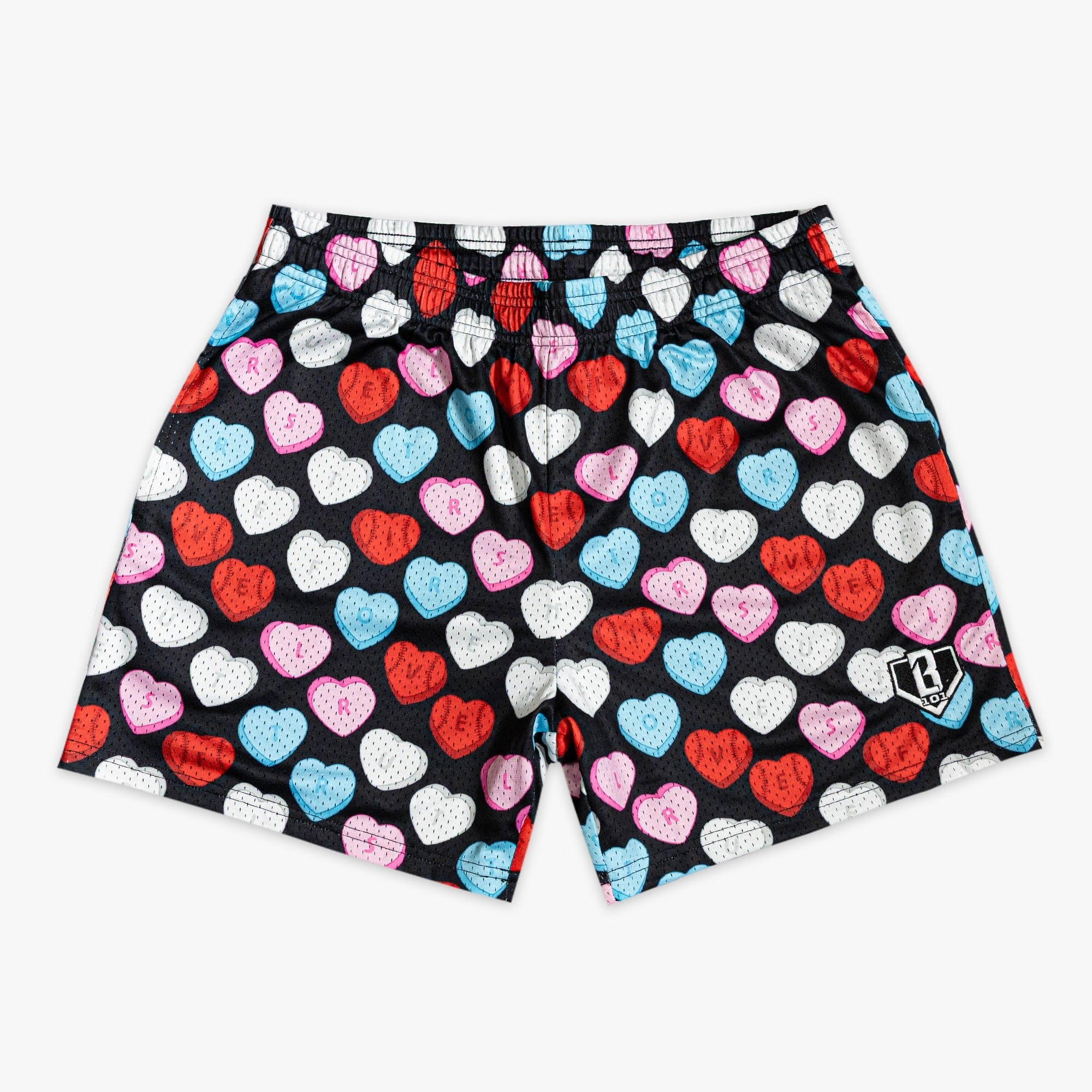 First True Love Baseball Mesh Shorts - Hearts Pattern, 5" Inseam, Polyester